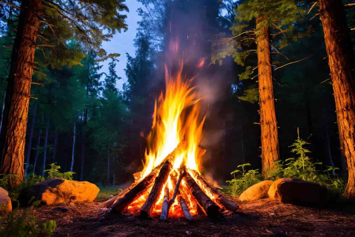 brennende bål i en skog