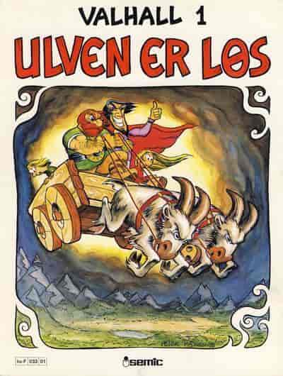 Tegneseriehefte som viser en tegning av to menn som kjører i luften i en vogn som trekkes av to geitebukker