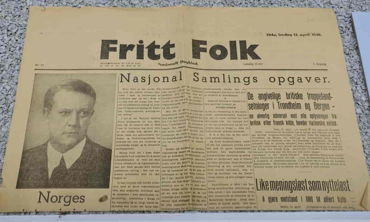 Fotografi av Fritt Folks forside 12. april 1940