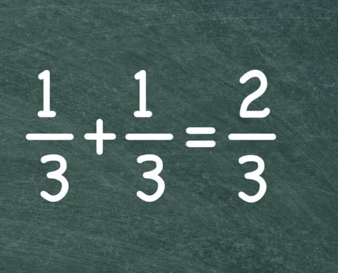 Et regnestykke som viser en tredjedel pluss en tredjedel er lik to tredjedeler