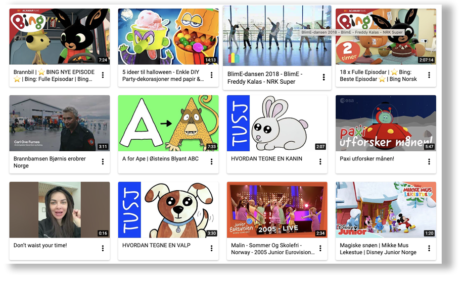 En skjermdump som viser ulike videoer man kan se på YouTube