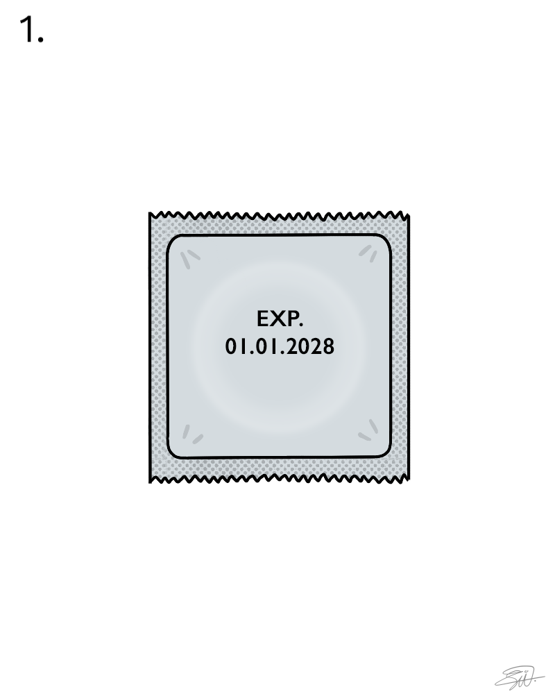En lukket kondompakke med utløpsdato 01.01.2028.