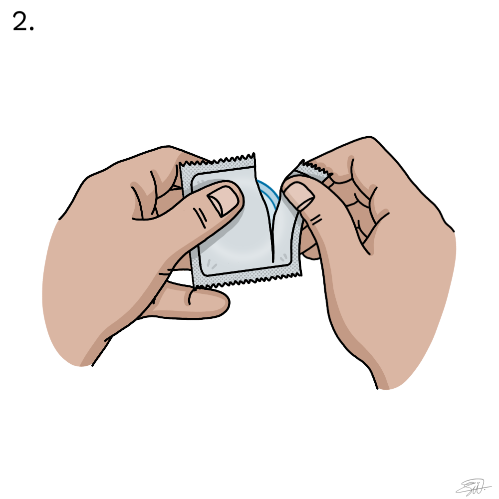 To hender åpner en kondompakke ved å rive av en flik.