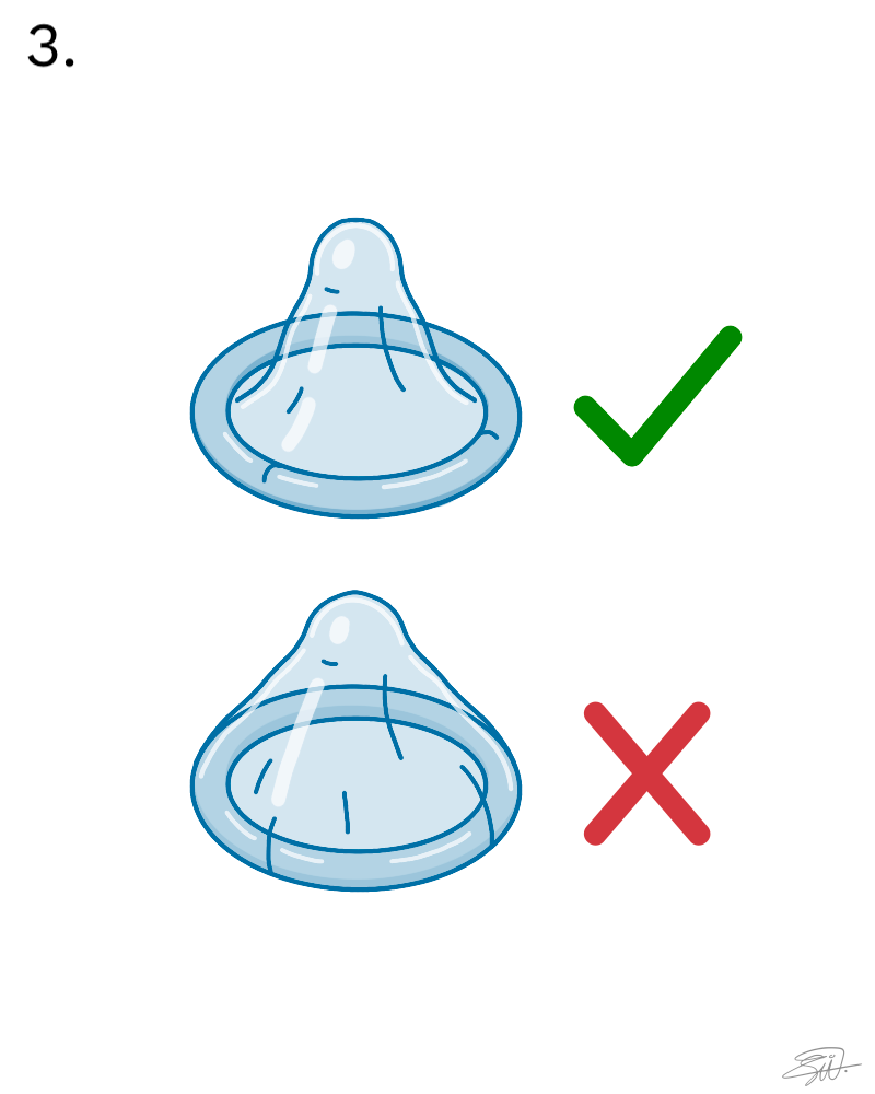 To kondomer i gjennomsiktig blå gummi. Den ene har rullekanten på utsiden og er markert riktig, den andre har rullekanten på innsiden og er markert feil.