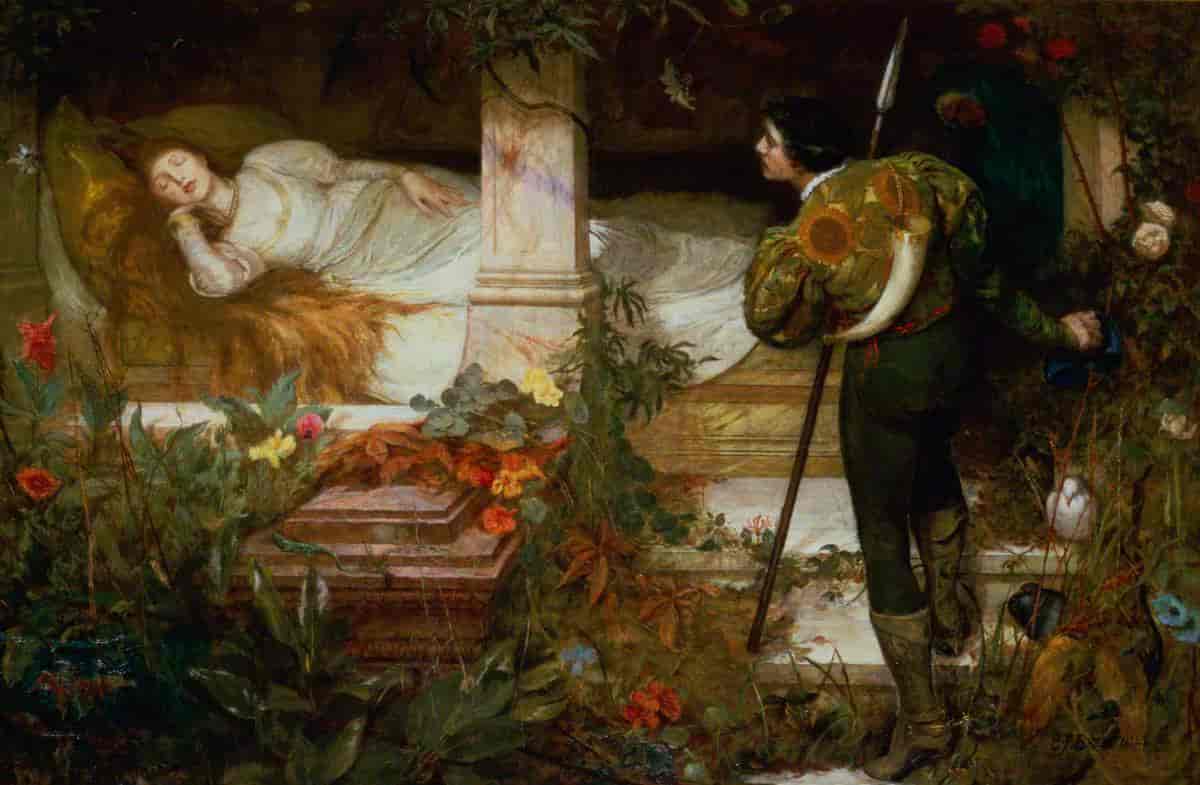 Maleri av en kvinne som ligger og sover, omgitt av roser og andre blomster. Ved siden av henne står en ung mann. Han holder et spyd og ser lengtende på kvinnen som sover.