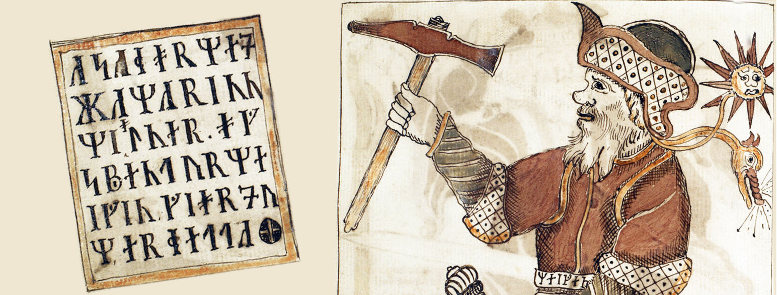 Tor med hammeren sin, Mjølner. Collage fra illustrasjon av Edda