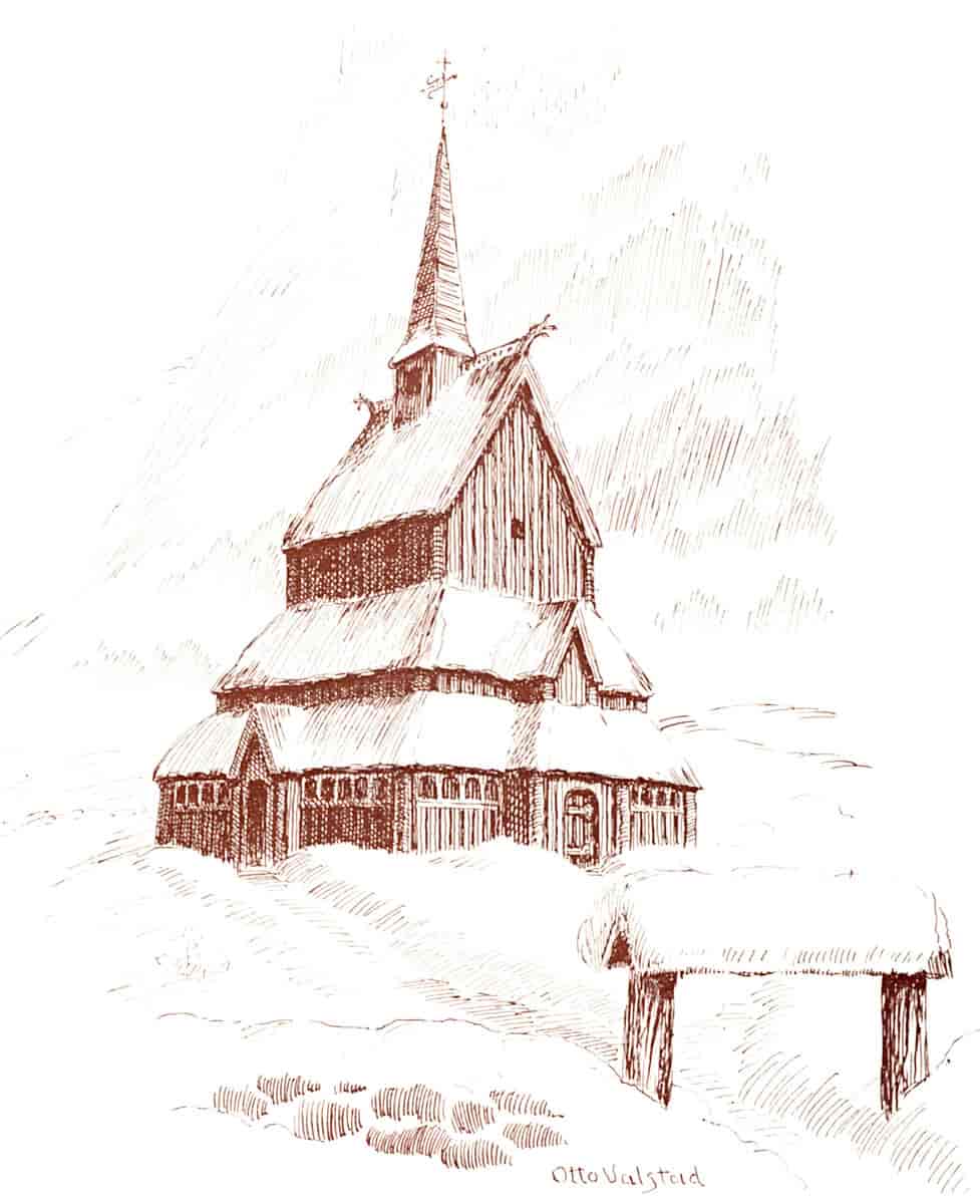 Teikning frå 1966 av korleis stavkyrkja kan  ha sett ut