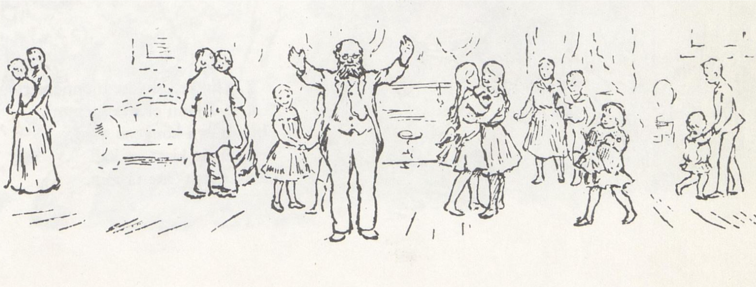 Tegning av voksne og barn som leker og danser.