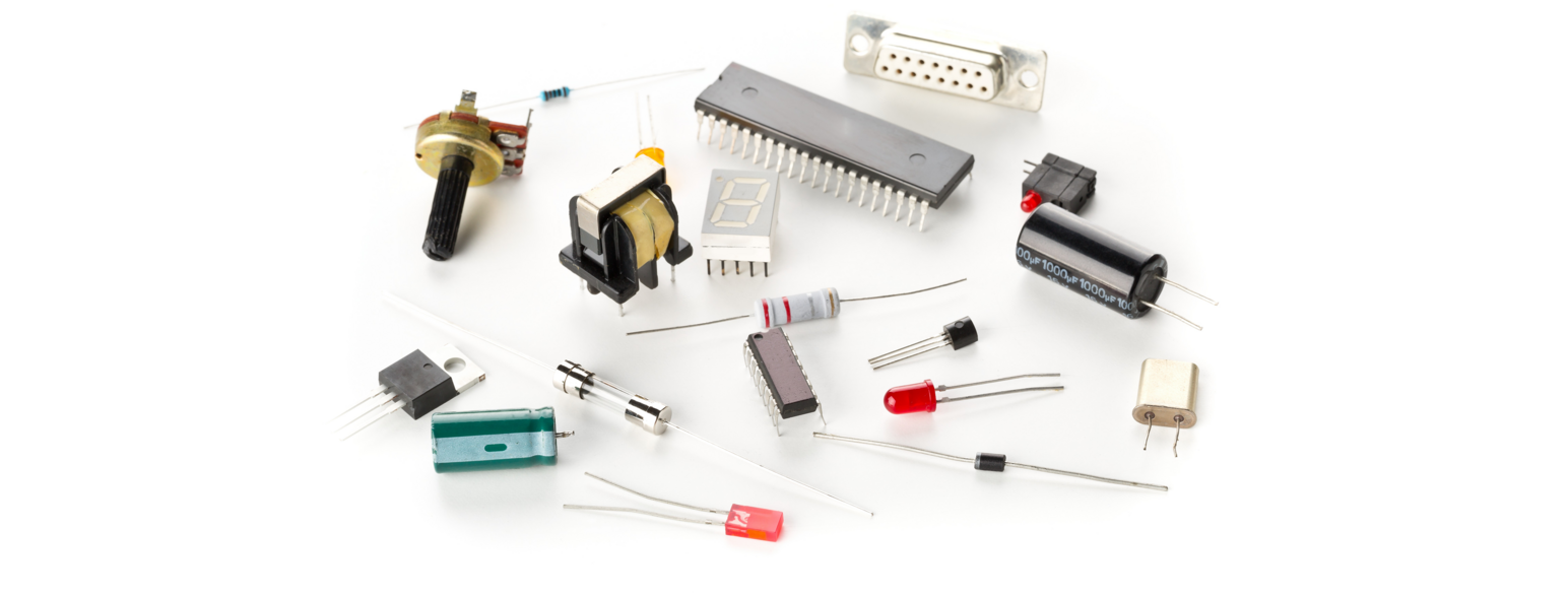 Elektriske komponenter, blant annet motstander, induktorer, dioder, integrerte kretser.