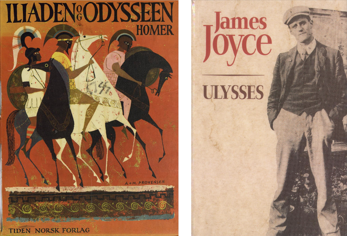 Forsidene av to bøker: «Iliaden og Odysseen» av Homer og «Ulysses» av James Joyce