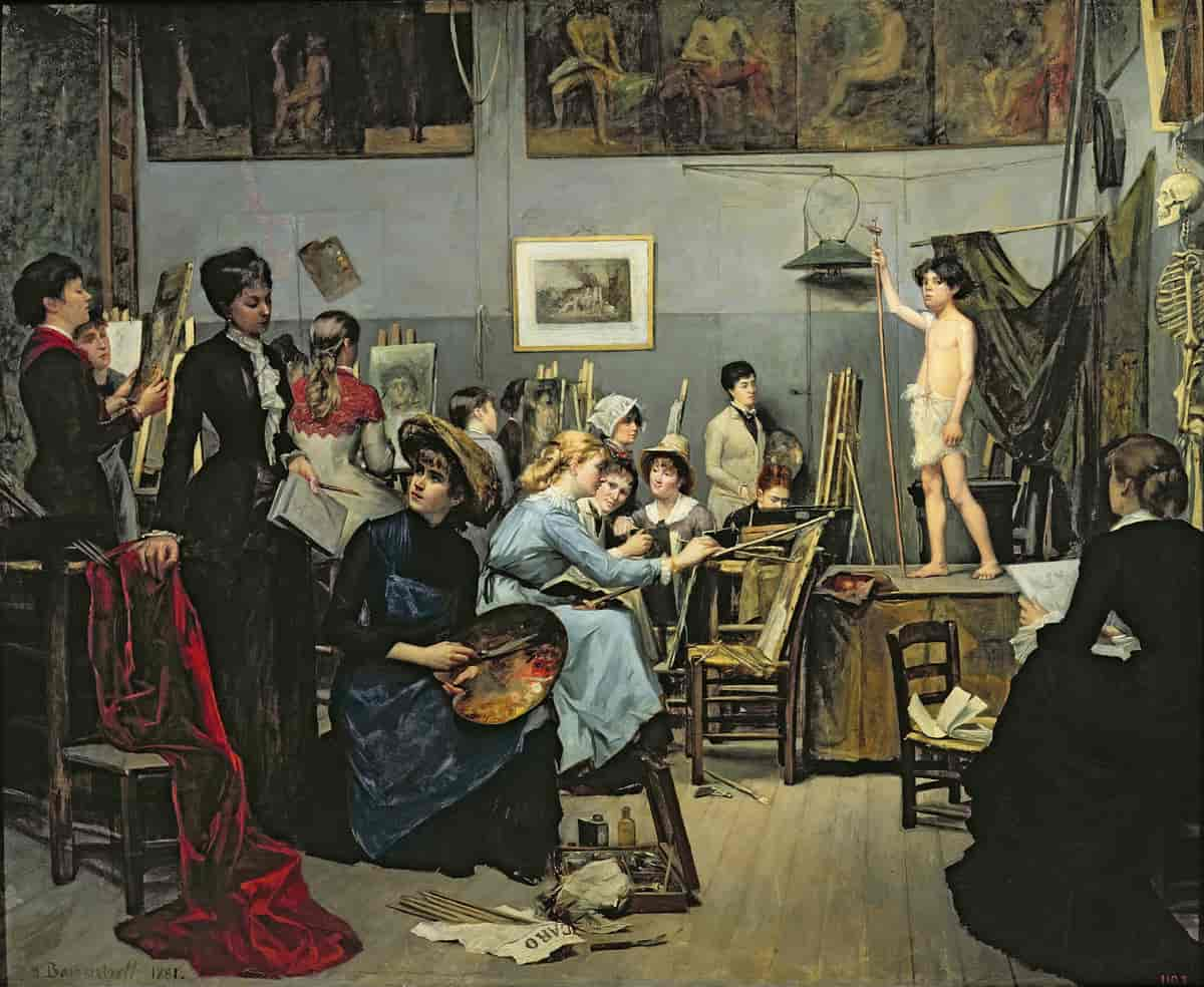 Undervisningsrom, tegning og maling etter modell, i den private kunstskolen Académie Julian i Paris