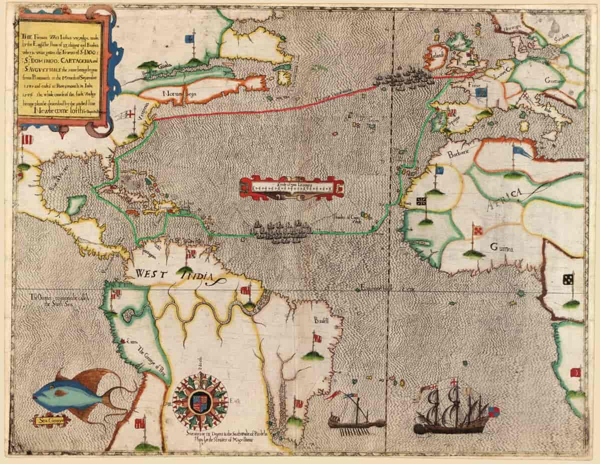 Kart over Francis Drakes vestindiske oppdagelsesreise i 1585-1586