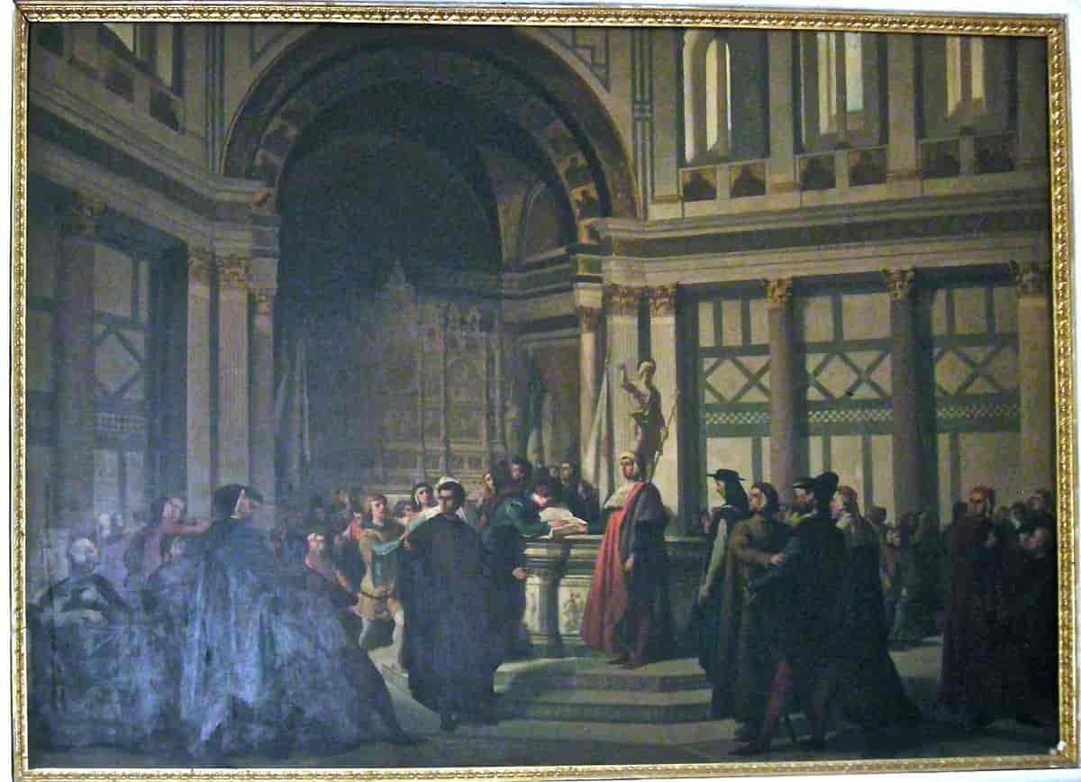 Dino Compagni forhandler om fred mellom de stridende partene i Firenze i San Giovanni -kirken. Maleri av Antonio Cuccinelli 1856.