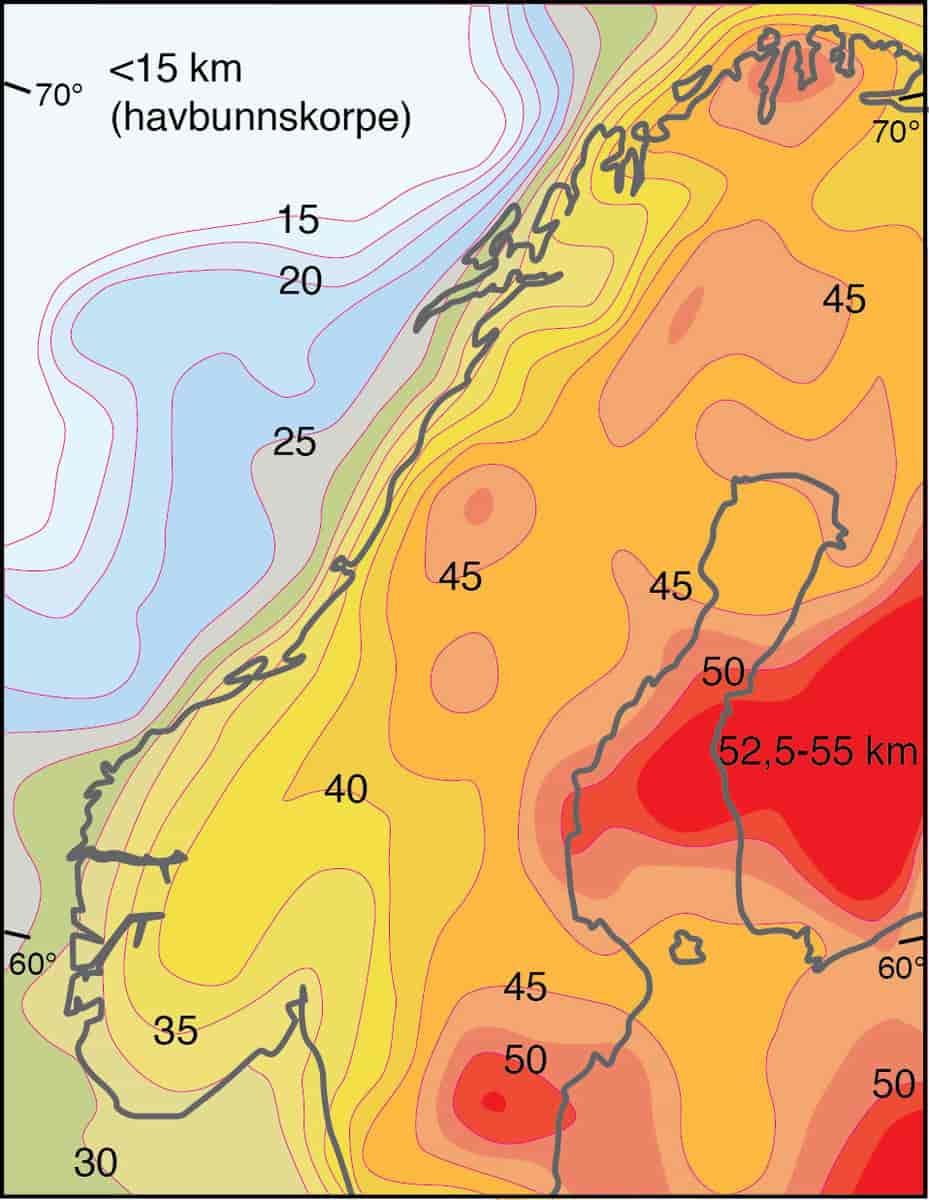 Jordskorpens omtrentlige tykkelse i Skandinavia (dyp til moho)