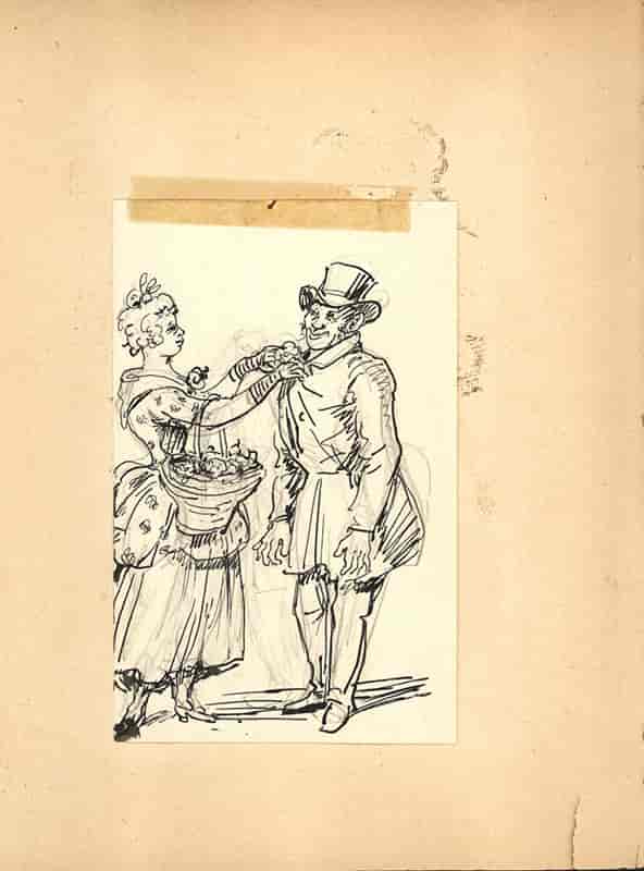 Tegning av Fritz von Dardel. En kvinna fäster en blomma på en herres rockslag.