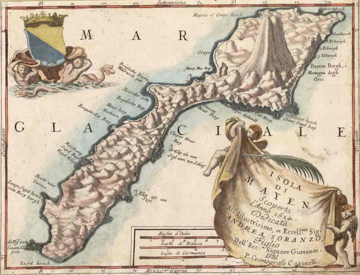 Jan Mayen, kart fra 1692, publisert i Corso geografico universale