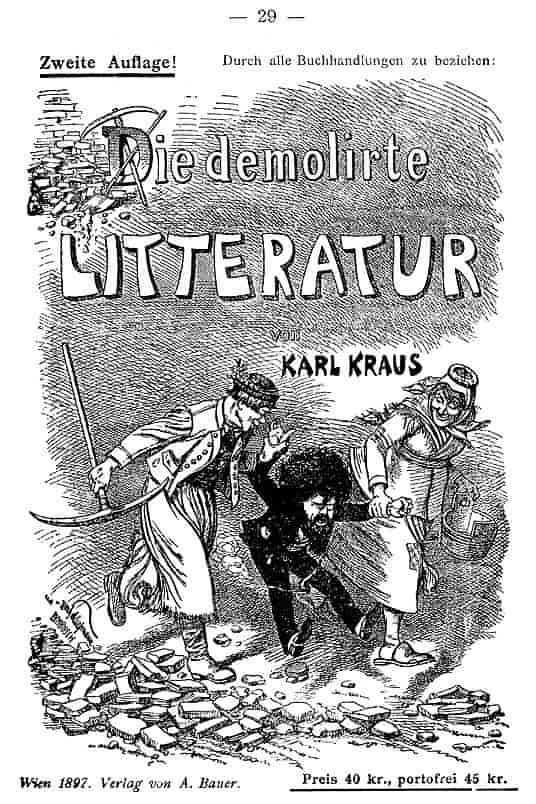 Tittelsiden på Karl Kraus' satireskrift Die demolirte Litteratur (1897)