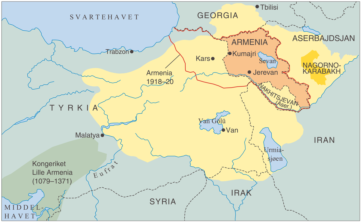 Armenia. Det gule området markerer det historiske Armenia. Området markert med heltrukken rød strek er Armenia 1918-20. Dagens Armenia er markert med oransje. Nåværende landegrenser er stiplet. Fra Store norske leksikon
