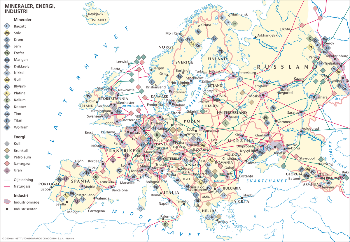 Europa, Kart: Mineralforekomster og industri