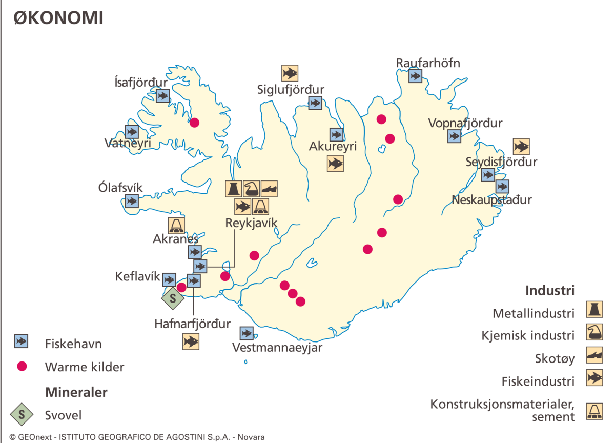 Island (Næringsliv) (økon. kart, mineraler og industri)