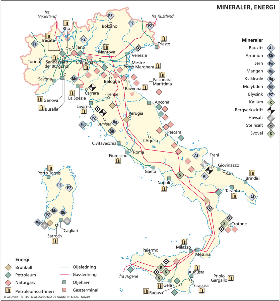 Italia (Næringsliv) (økon. kart, mineraler og energii)