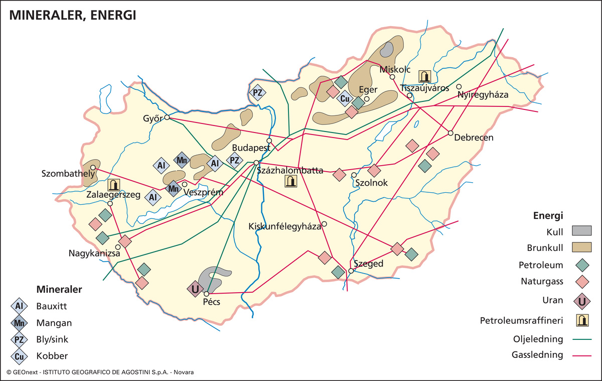 Ungarn (Økon. kart: mineraler og energi)