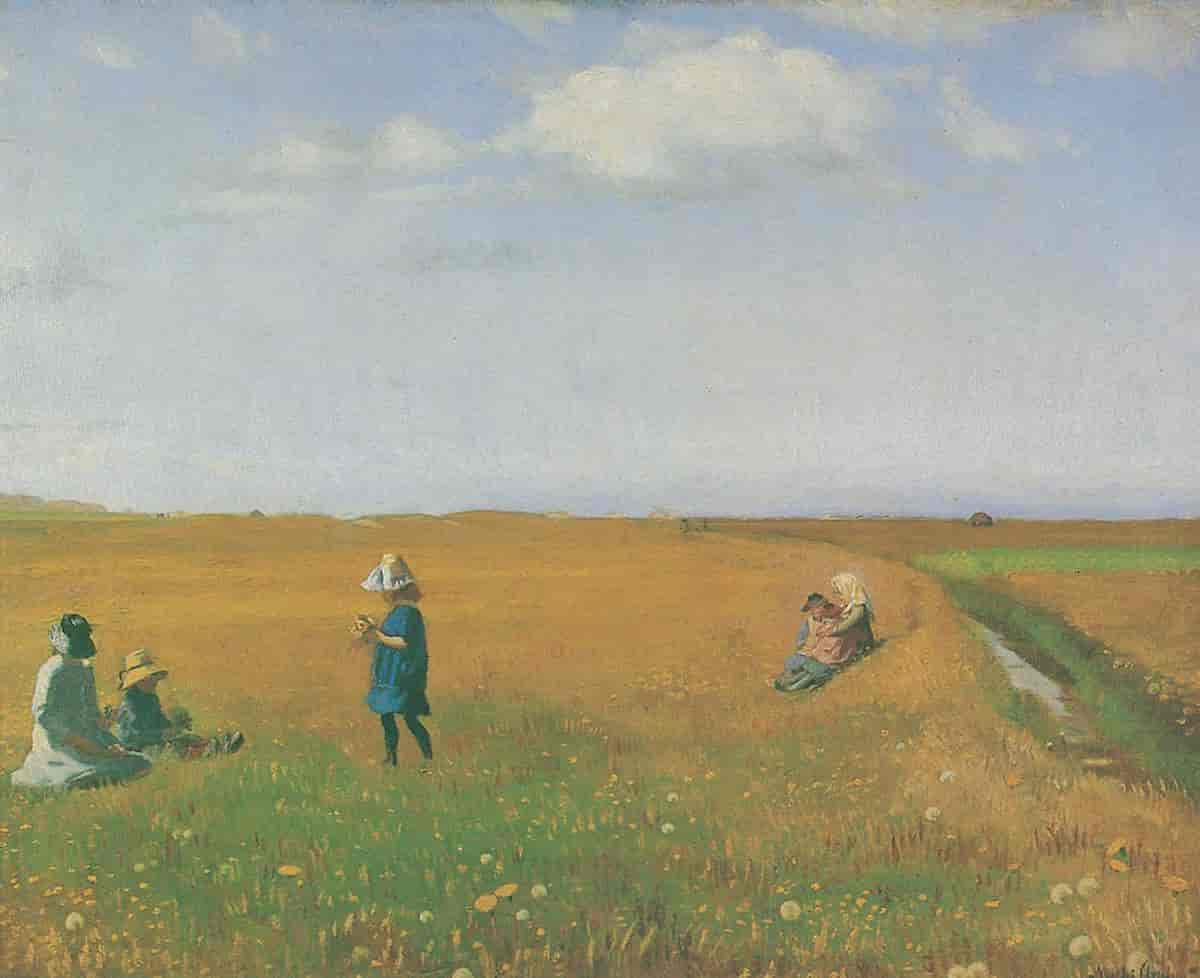 Børn og unge piger plukker blomster på en mark nord for Skagen