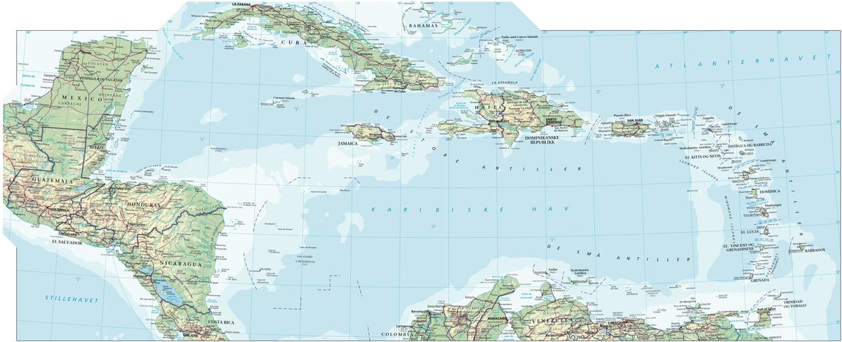 Kart over Karibia, med Mellom-Amerika til venstre. 