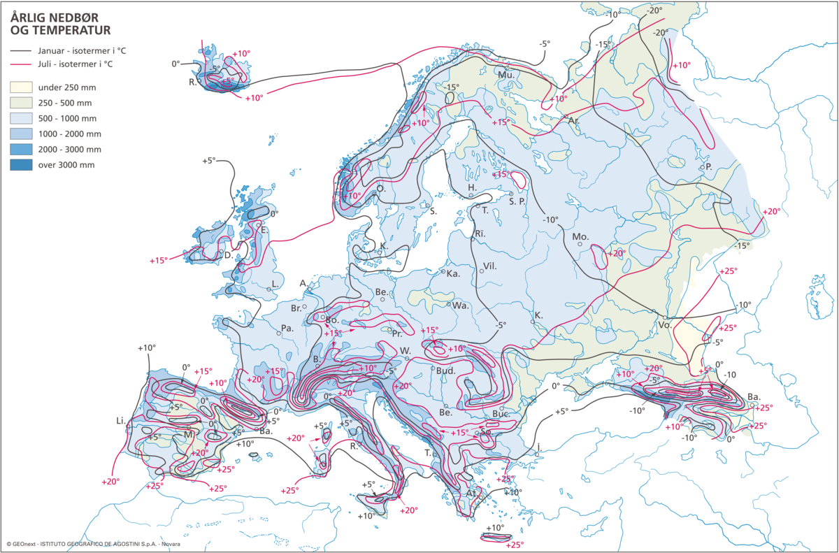 Europa, Temperatur- og nedbørkart