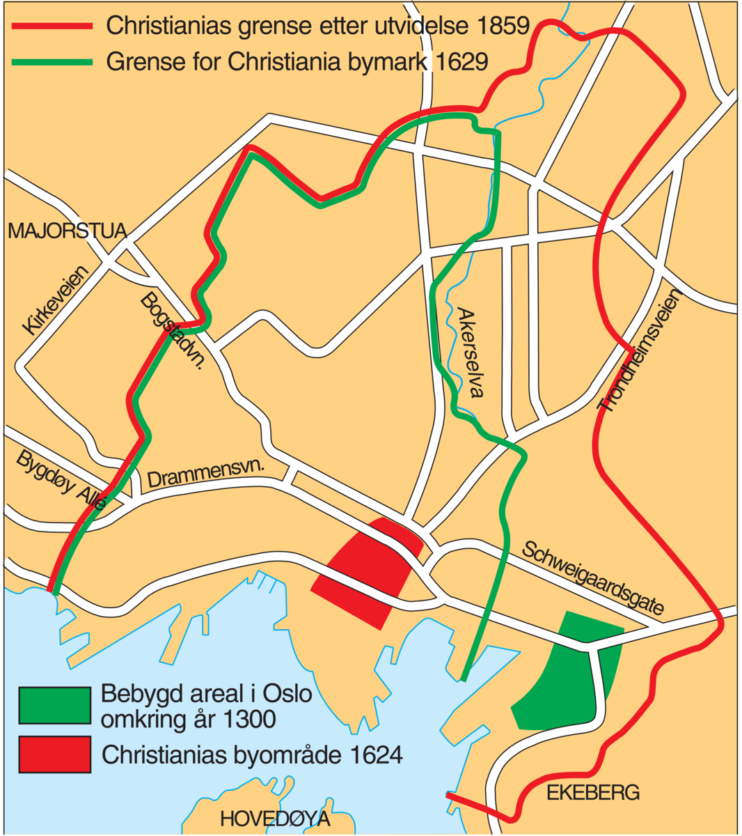 Oslo (Historie) (kart, gamle bygrenser og utstrekning)