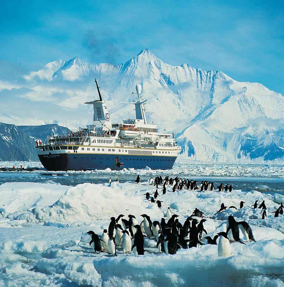Pingviner på isen med et cruiseskip bakenfor. Høye, snødekte fjell og himmel i bakgrunnen.