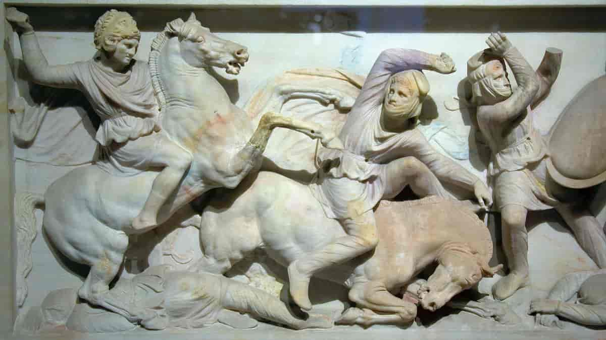 Aleksander-sarkofagen, detalj fra relieff; Aleksanden den store (antatt slaget ved Issos  333fvt.)