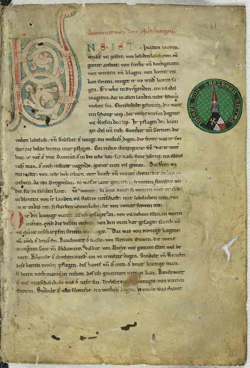 Første side i Nibelungenlied fra ca 1230