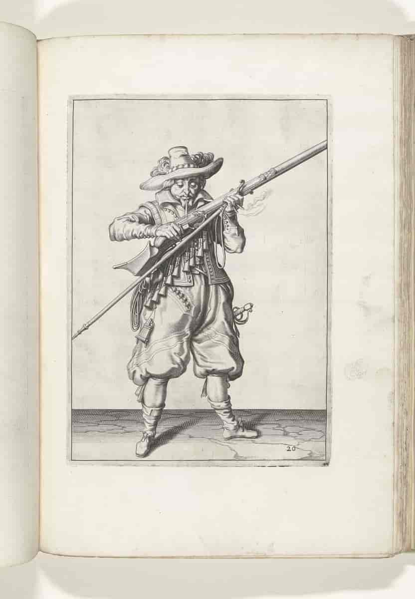 Soldaat die kruit van zijn musket blaast (nr. 20), ca. 1600, Jacob de Gheyn (II) (workshop of), after Jacob de Gheyn (II), 1597 - 1607