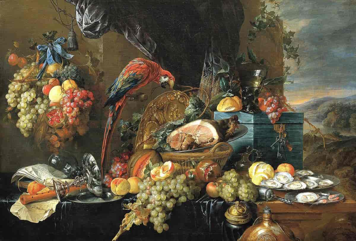 Stilleben med papegøyer, 1650