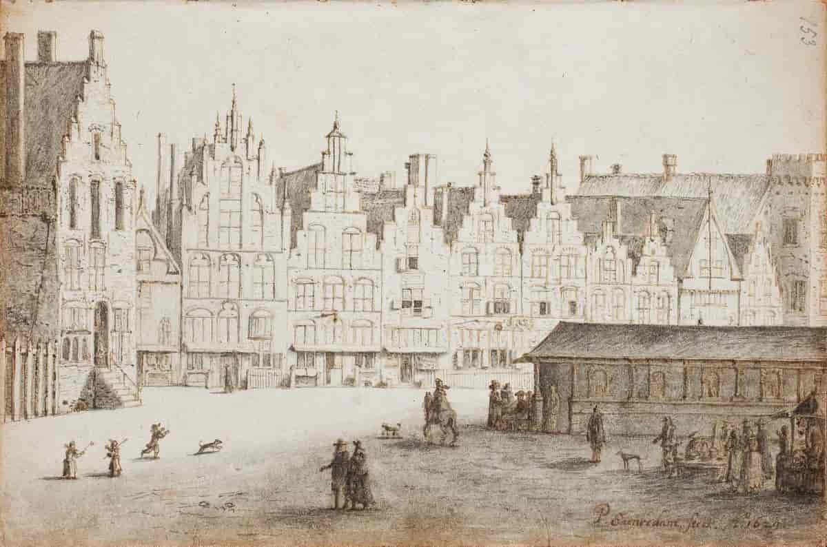 View of the Markt in Haarlem. 1629. Pen and brush in brown and gray on paper.