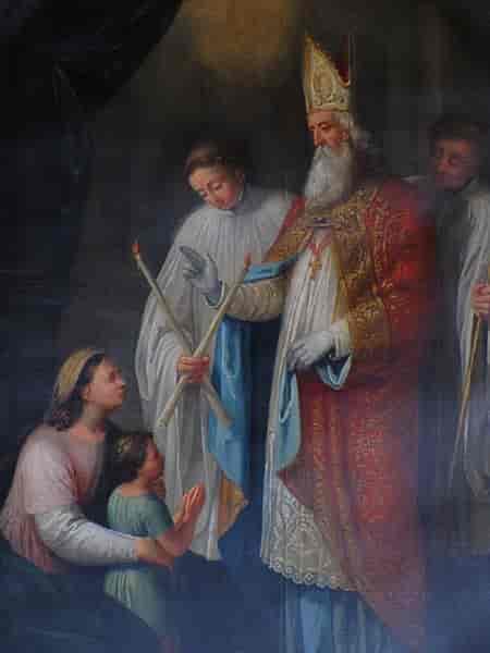 Dette maleriet av Blasius som helbreder gutten befinner seg i kirken som er dedisert til ham i Valff i Alsac i Frankrike