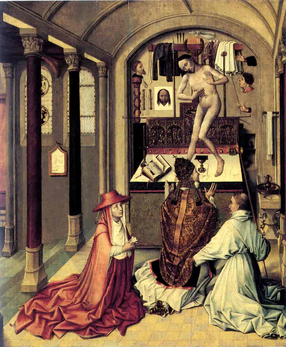St. Gregors messe, maleri av Robert Campin fra 1440. Kristus viser seg på alteret.