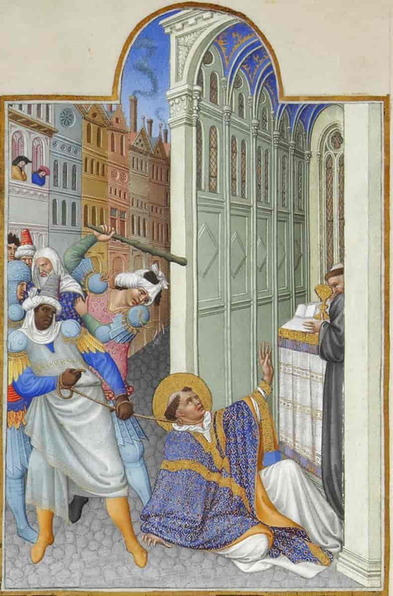 En illustrasjon som viser St. Markus' martyrium. Les Très Riches Heures du duc de Berry, Folio 19v. Musée Condé, Chantilly.