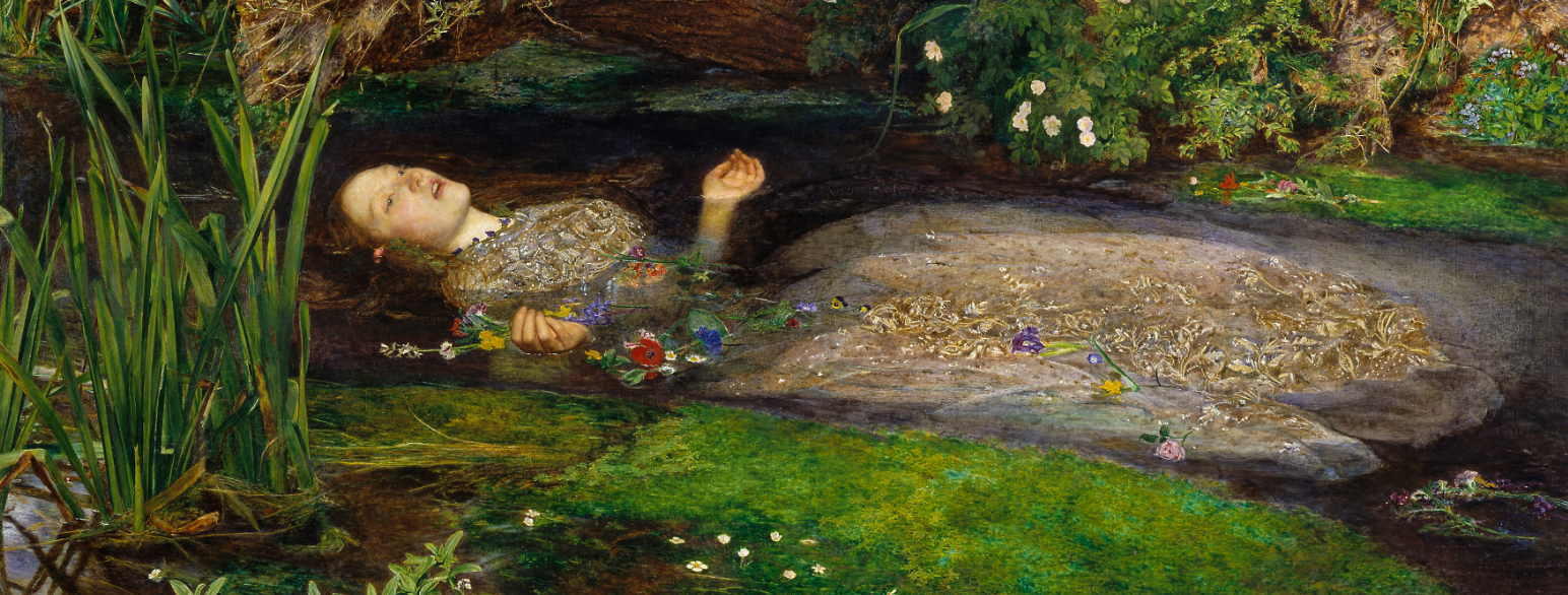 Maleri av Shakespeare-karakteren Ophelia. Maleriet viser en ung kvinne i en kjole som flyter på ryggen i en elv, omgitt av blomster og gress. 