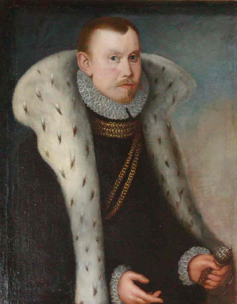 Et portrett av Ludvig Munk (1537-1602) som var lensherre over Trondheim len. Han har piper både rundt hals og håndledd.