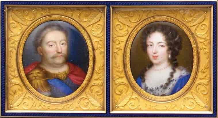 Emaljemaleri av den polske kongen Jan 3 Sobieski og dronning Maria Kazimiera