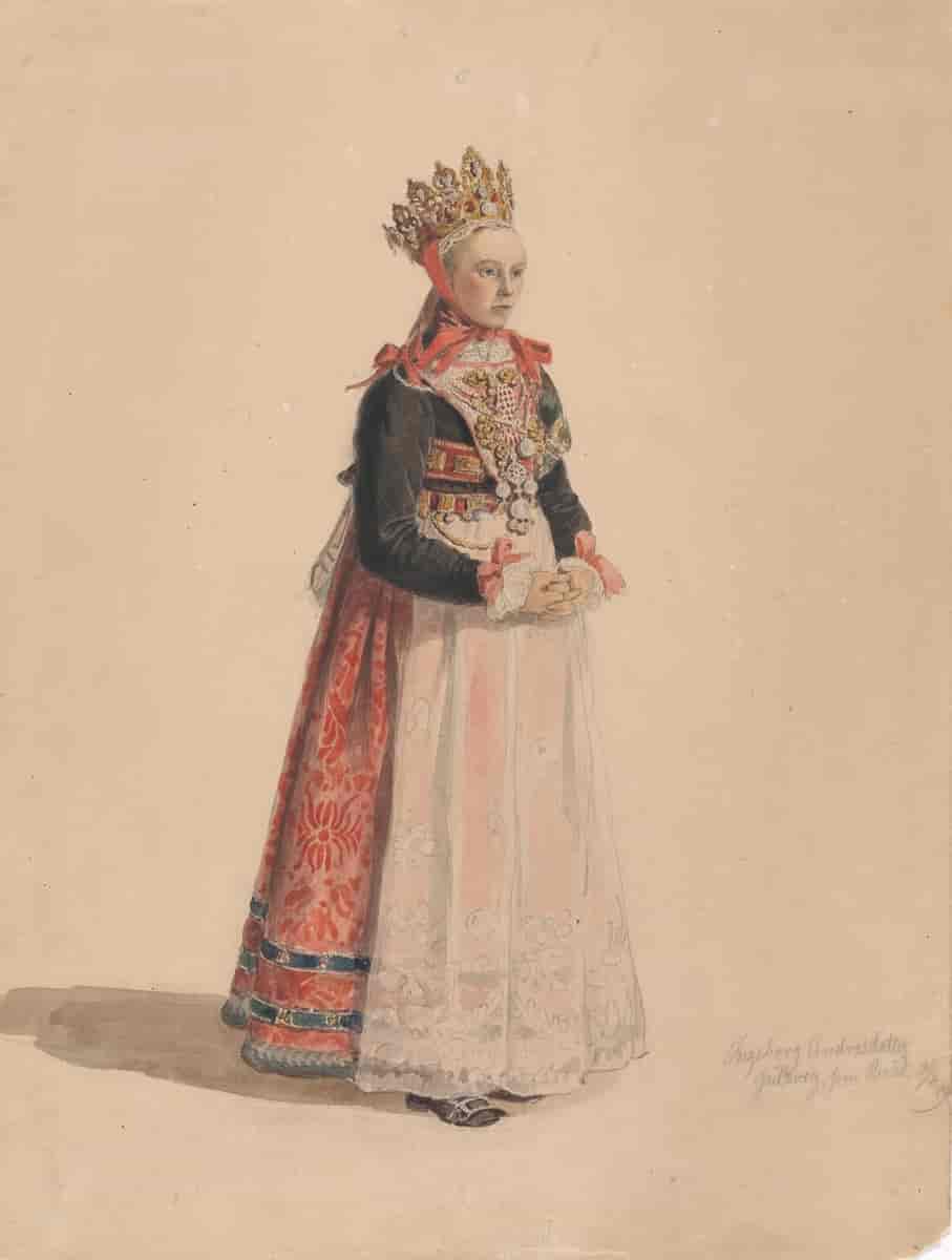 Ingeborg Andreasdatter Gulsvik  som brud. 1849. Akvarell og blyant av Adolph Tidemand.