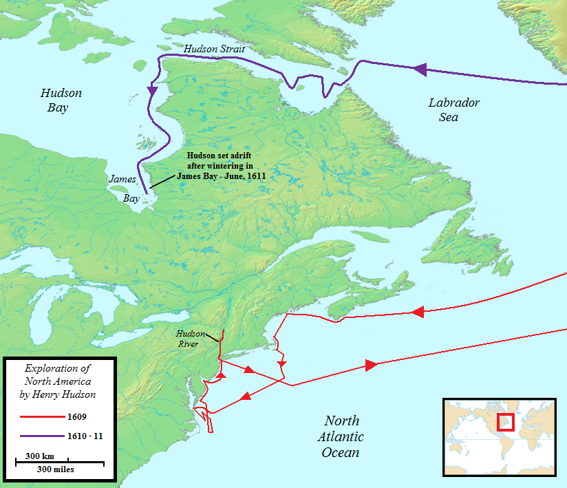 Kart over de to nord-amerika reisene til Henry Hudson. Ruten til den første reisen er vist i rødt, den andre i lilla.