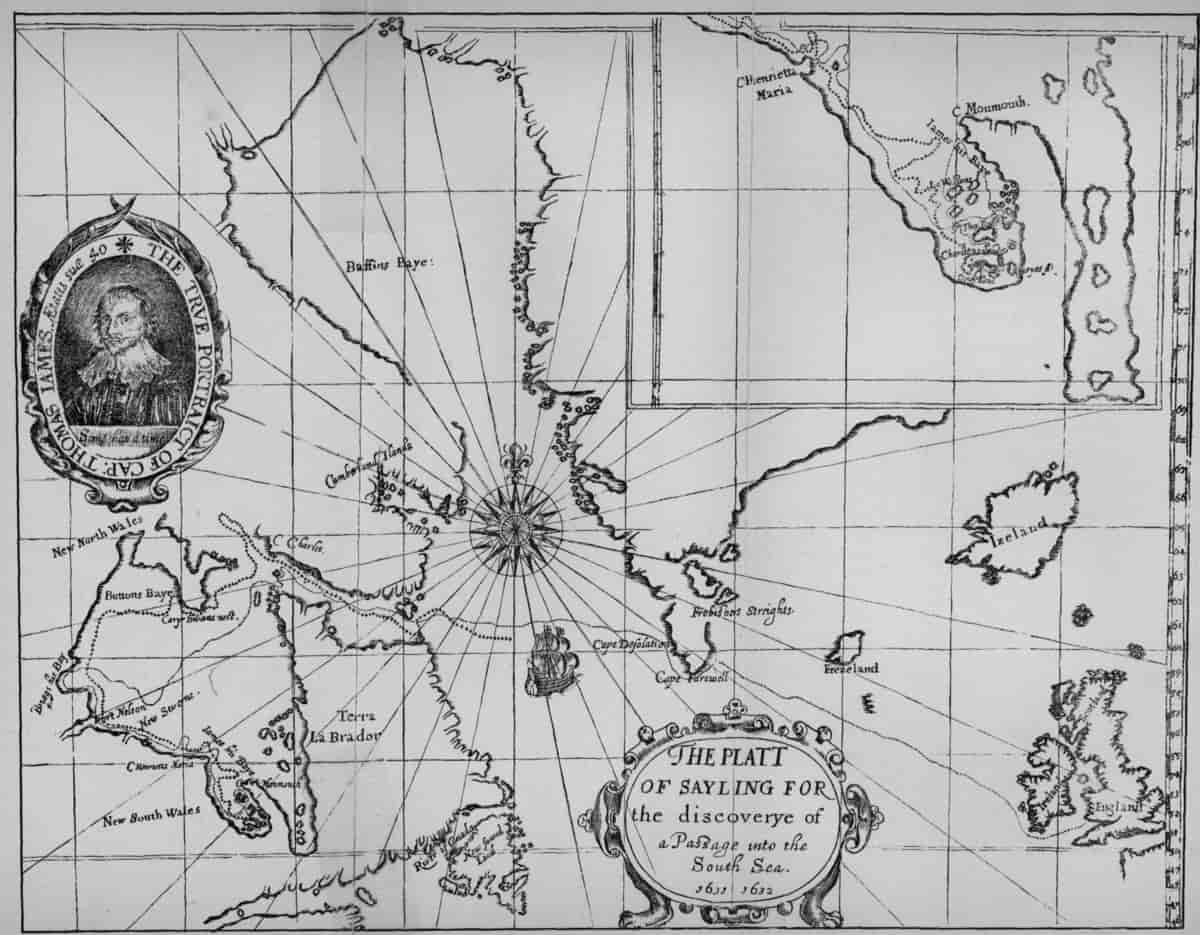 James, Thomas kart over området der han søkte etter en nordvest-passasje,1633.