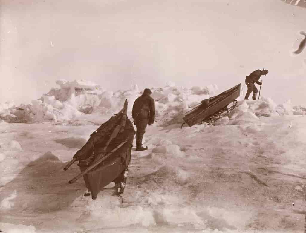 Fridtjof Nansen og Fredrik Hjalmar Johansen trekker kjelkene over den ujevne isen, Kap Flora, Frans Josefs Land.