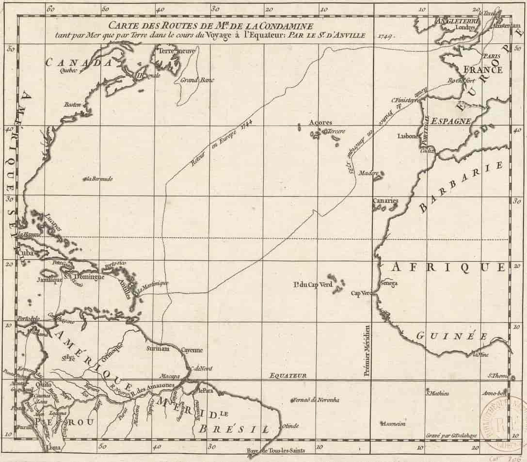 Kart over  De La Condamines reiserute, 1735-1744.