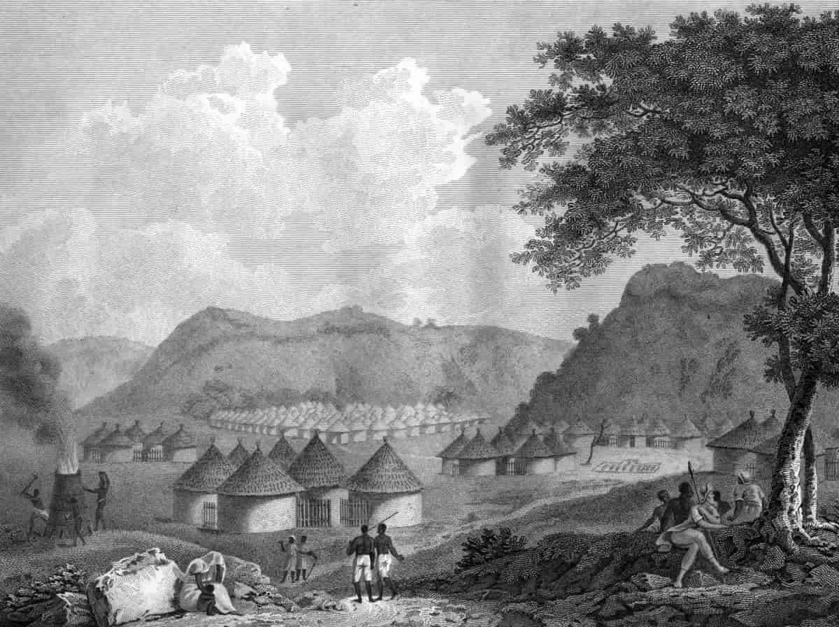 Bilde som viser Mandigo i Afrika, fra Mungo Parks bok, 1799.