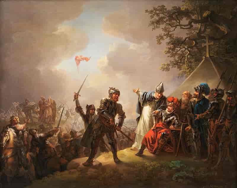 «Dannebrog falder ned fra himlen under Volmerslaget ved Lyndanisse (Tallin) i Estland den 15. juni 1219»