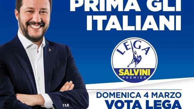 "Primero los italianos", reza un cartel electoral de Matteo Salvini con un típico discurso xenófobo. Autor: Lega Salvini. Fuente: Lega (CC BY 2.0)